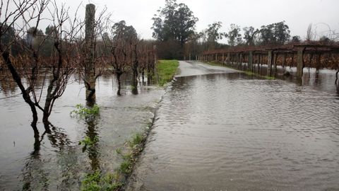 El ro Umia baja desbordado a la altura del puente de Bain, en Vilanova de Arousa