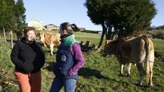 La ganadera Gema Navia (izquierda) conversa con Silvia Rolle, controladora de campo de Acruga, junto a los bueyes que se cran en la explotacin de Remourelle